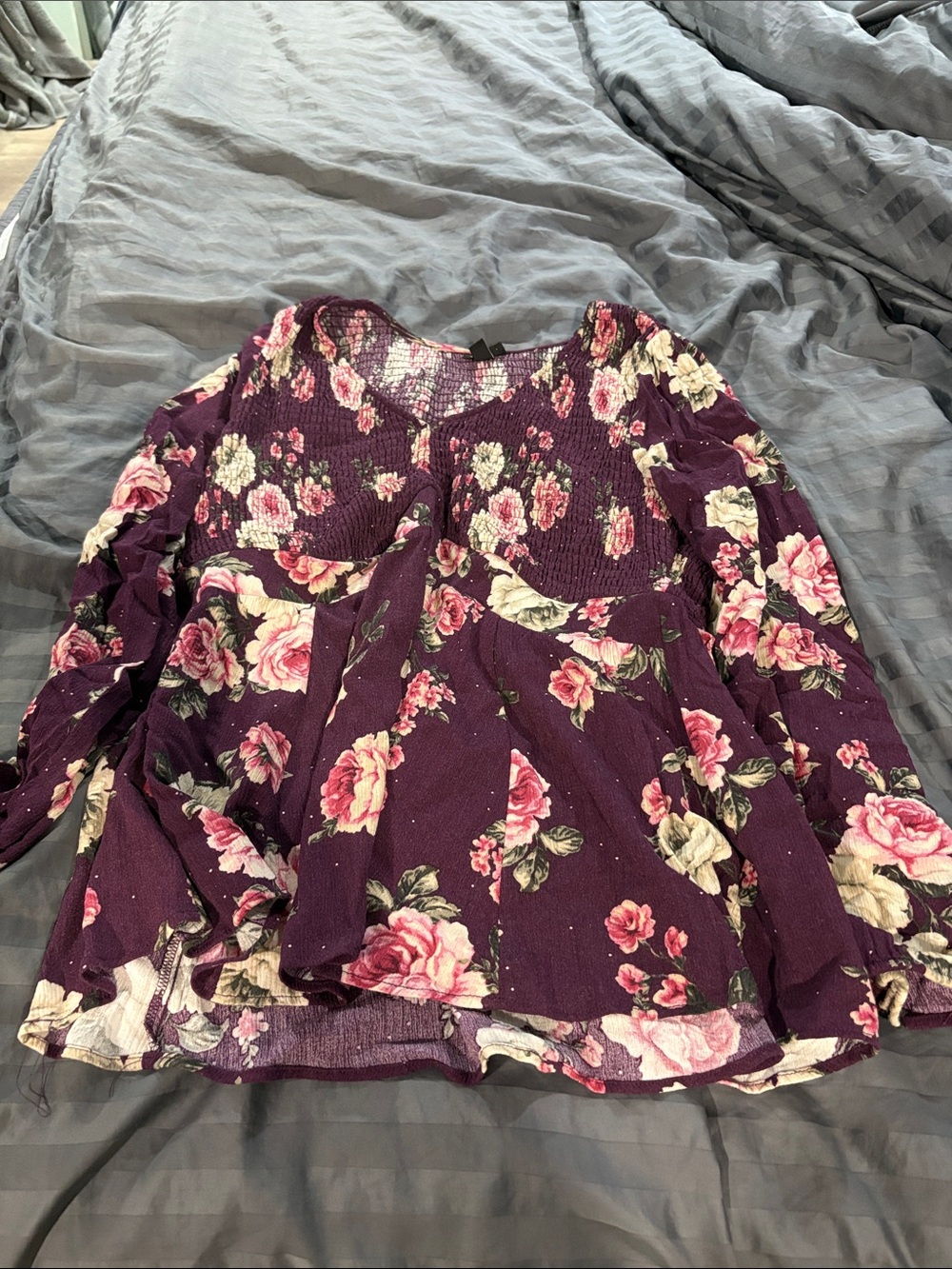 torrid Plum Floral Smocked Peplum Long Sleeve Top
